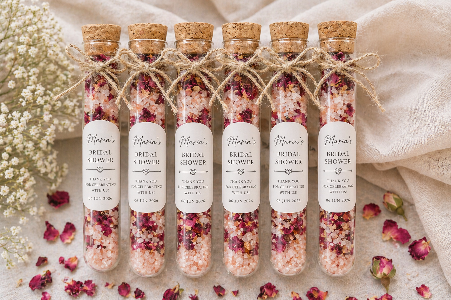 Set of bath soak tubes with dried flowers and personalized labels for a bridal shower on a soft fabric background.
