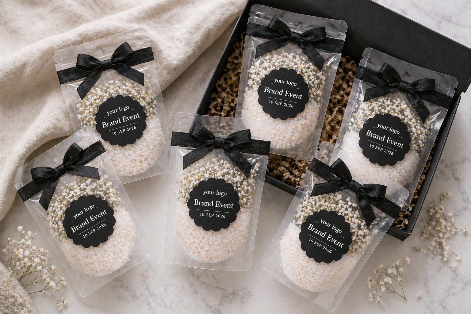 Custom bath soak pouches with black ribbons and labels on a marble surface