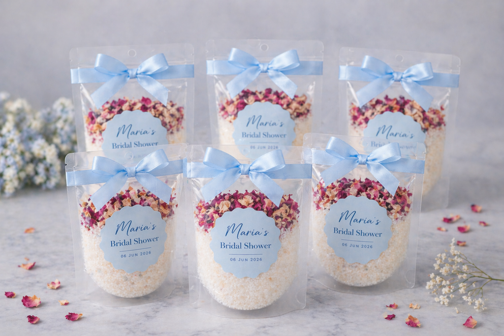 Custom bath soaks for Bridal Shower bath salts with floral designs and blue ribbons on a light background.