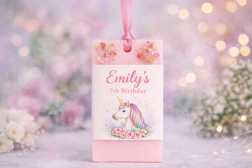 Custom unicorn soap for Birthday, events and celebrations with personalised text, against a blurred floral and light background.