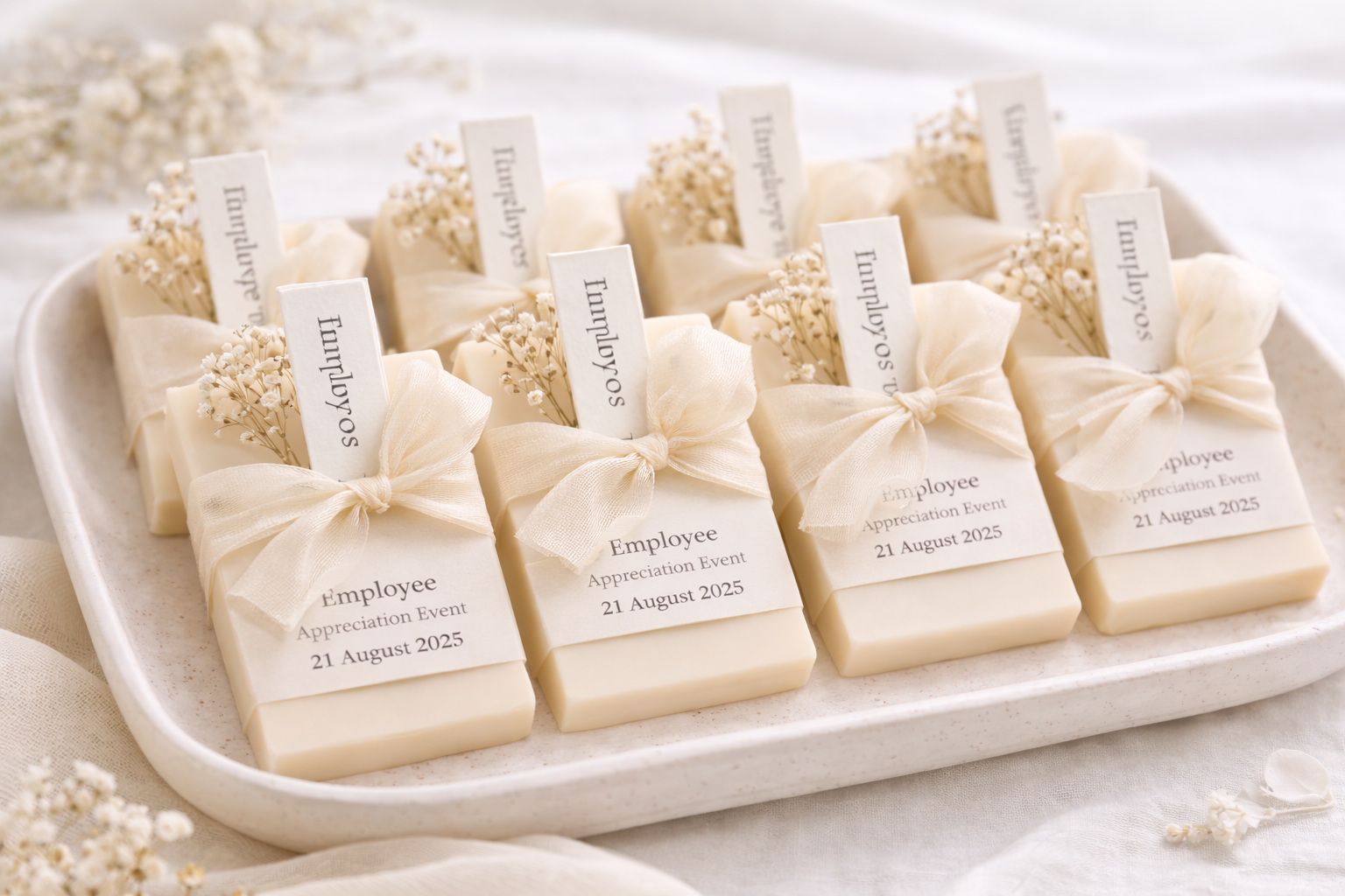 Set of soap bars with personalized labels on a white tray