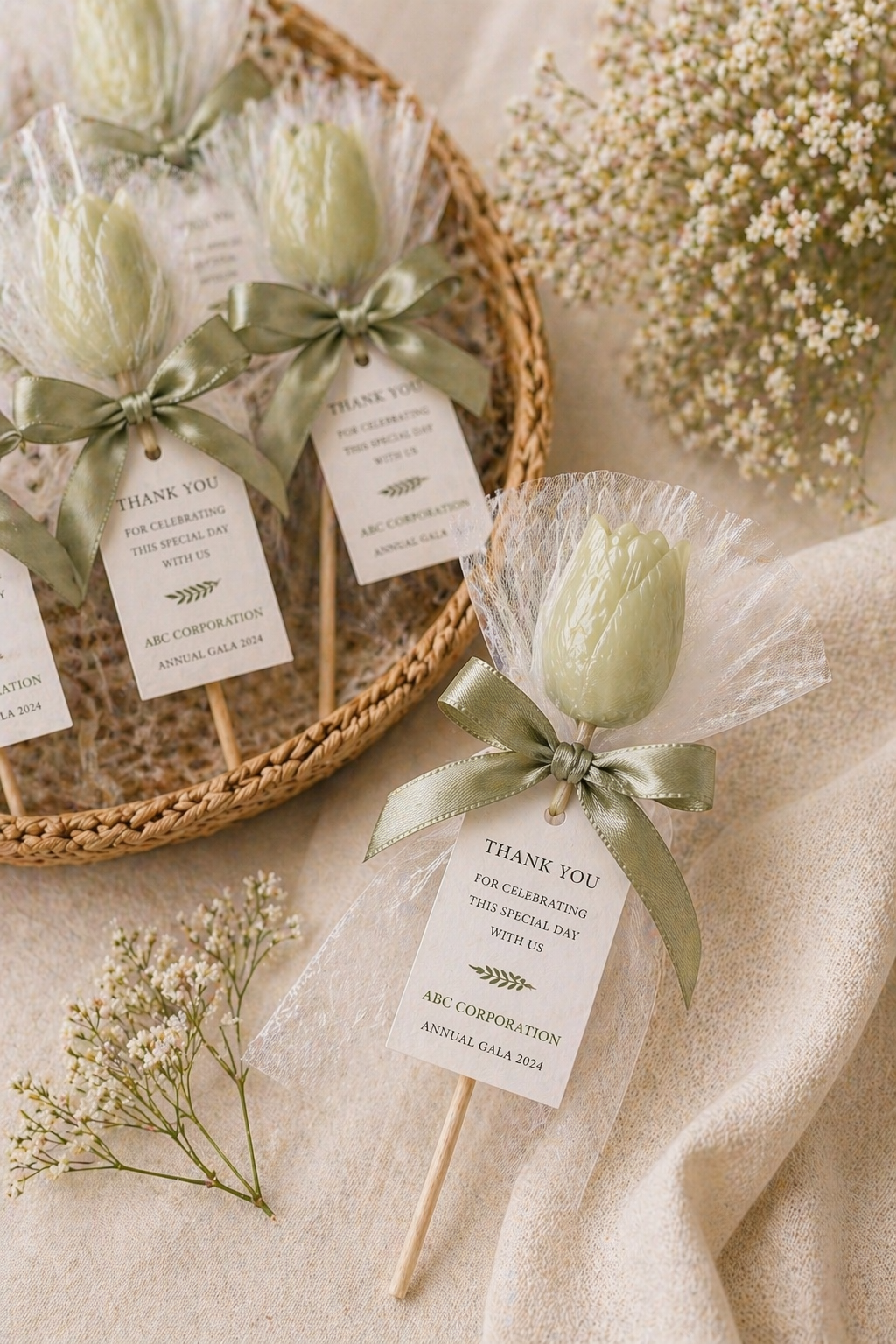 Decorative custom tulip soaps on sticks with ribbons and 'thank you' tags, arranged on a textured surface.