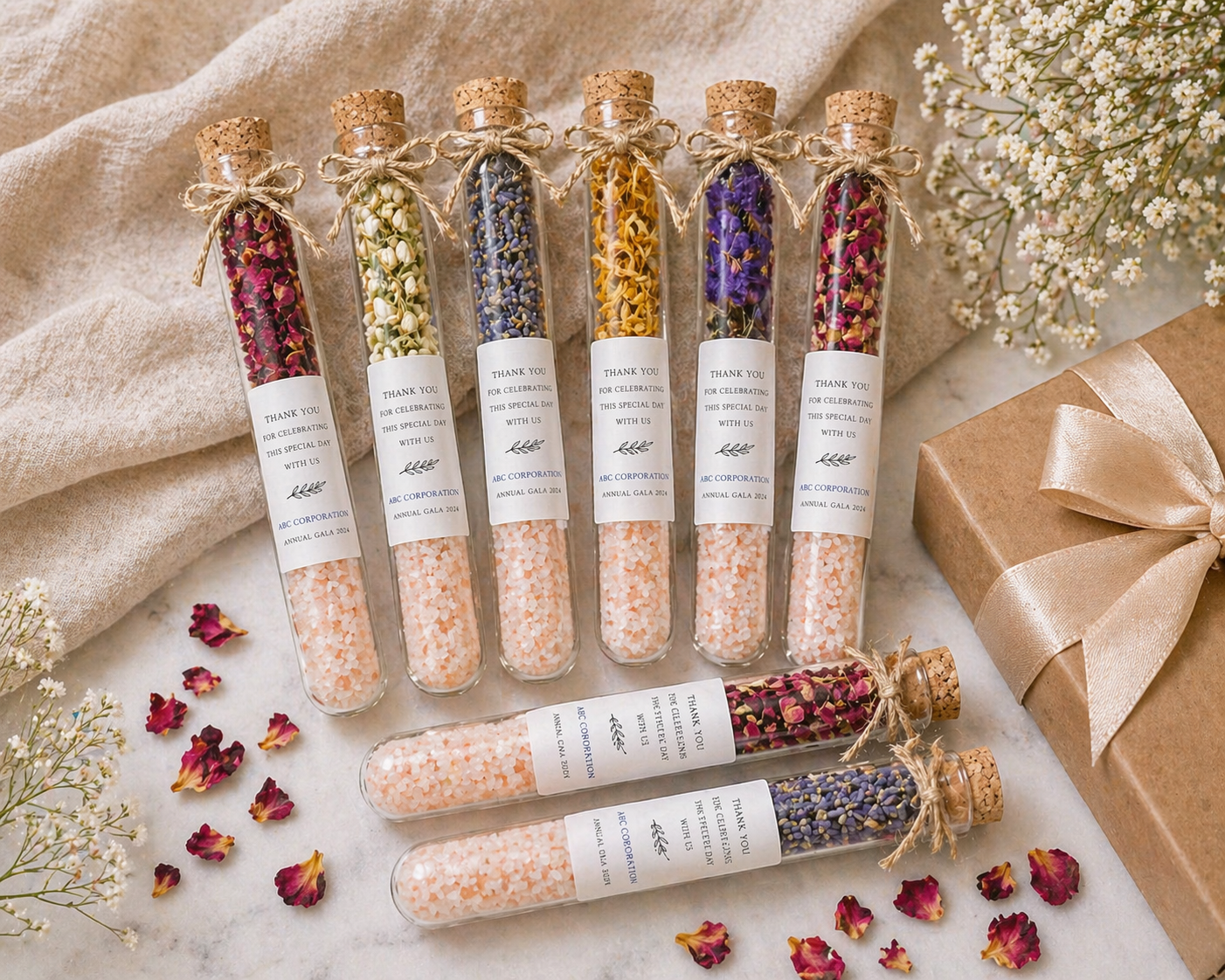 Set of bath soak tubes with dried flowers and herbs on a neutral background