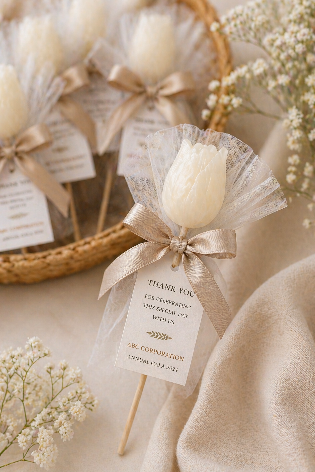 White tulip on a stick with a ribbon and 'Thank You' card, set against a neutral background.