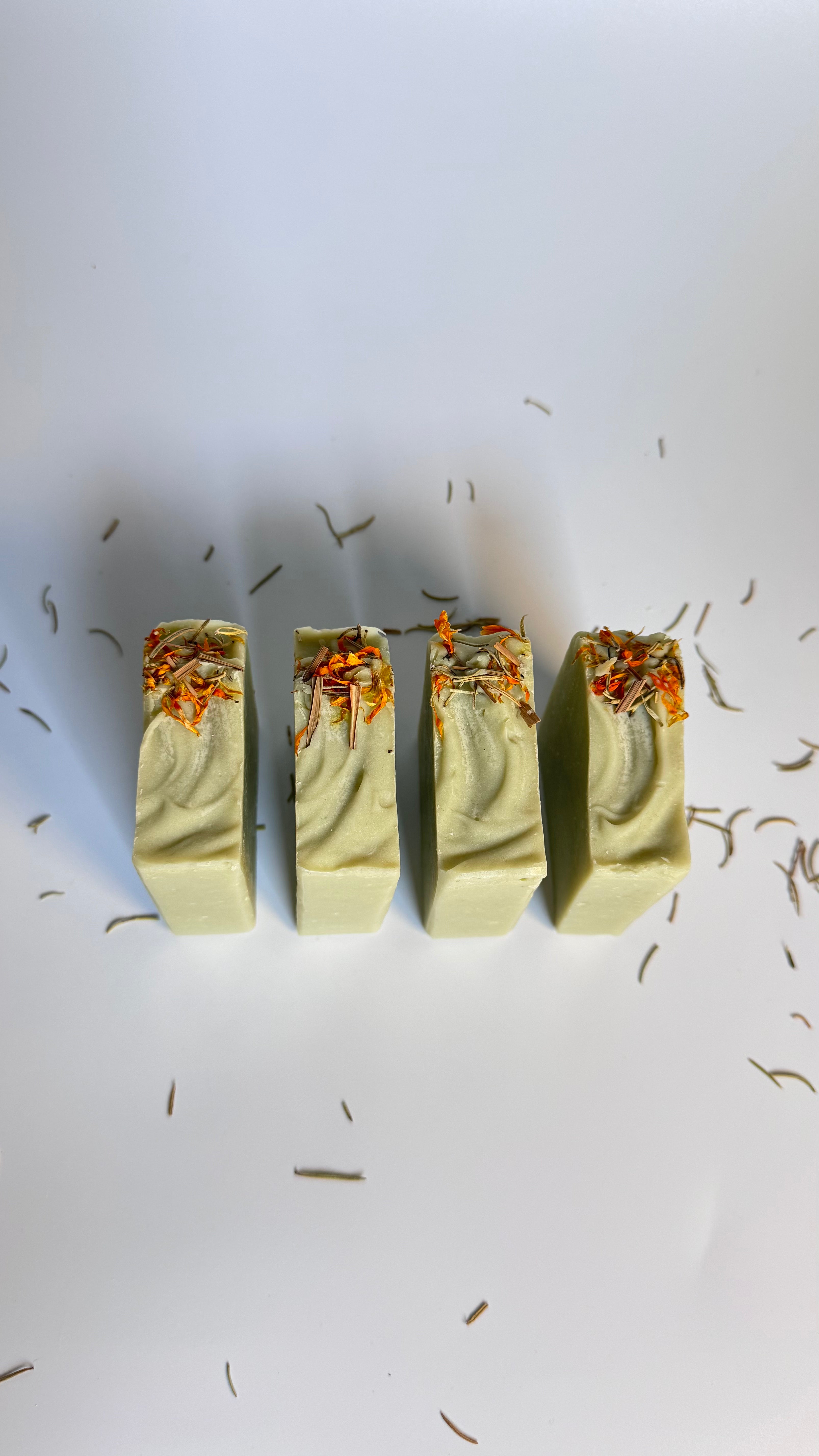 Four green rosemary cedarwood natural soap bars from above with dried floral botanical elements on a light background.