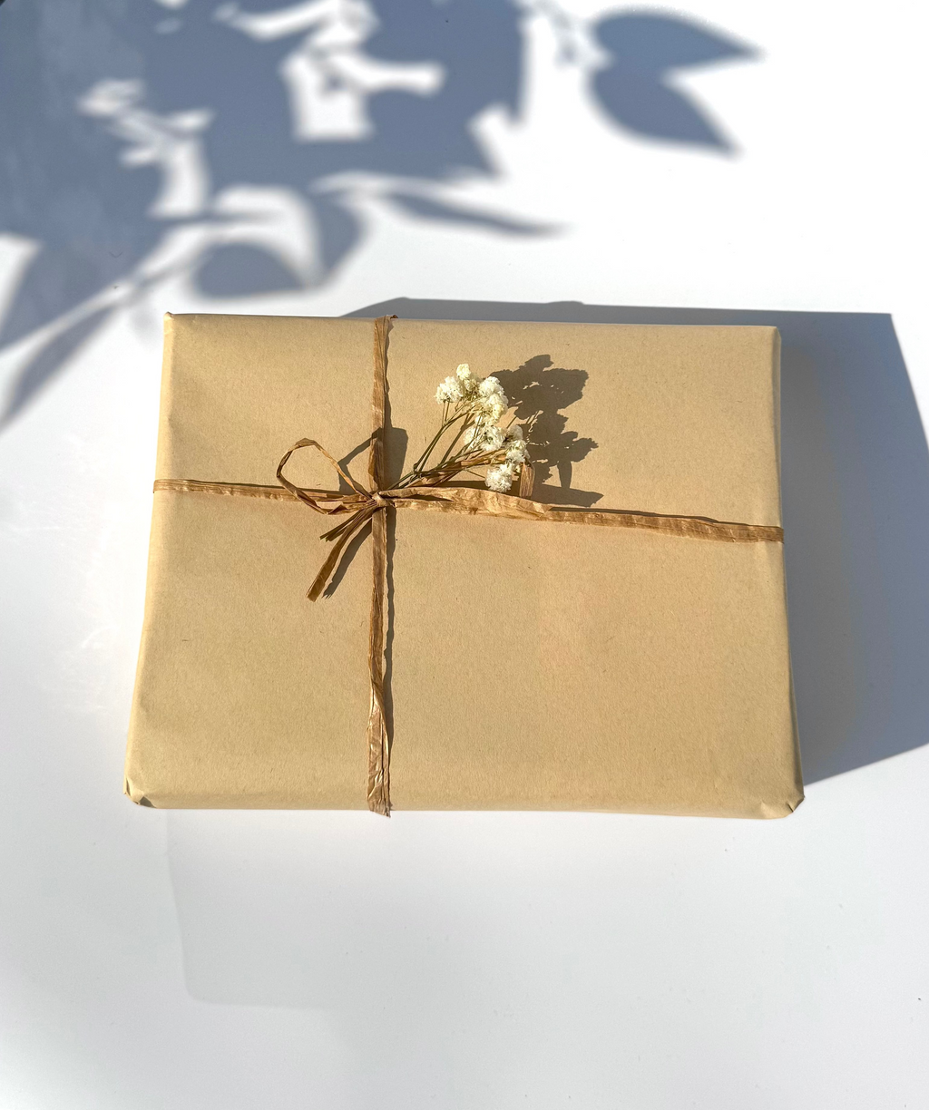 Gift box wrapped in brown paper with a bow on a light background