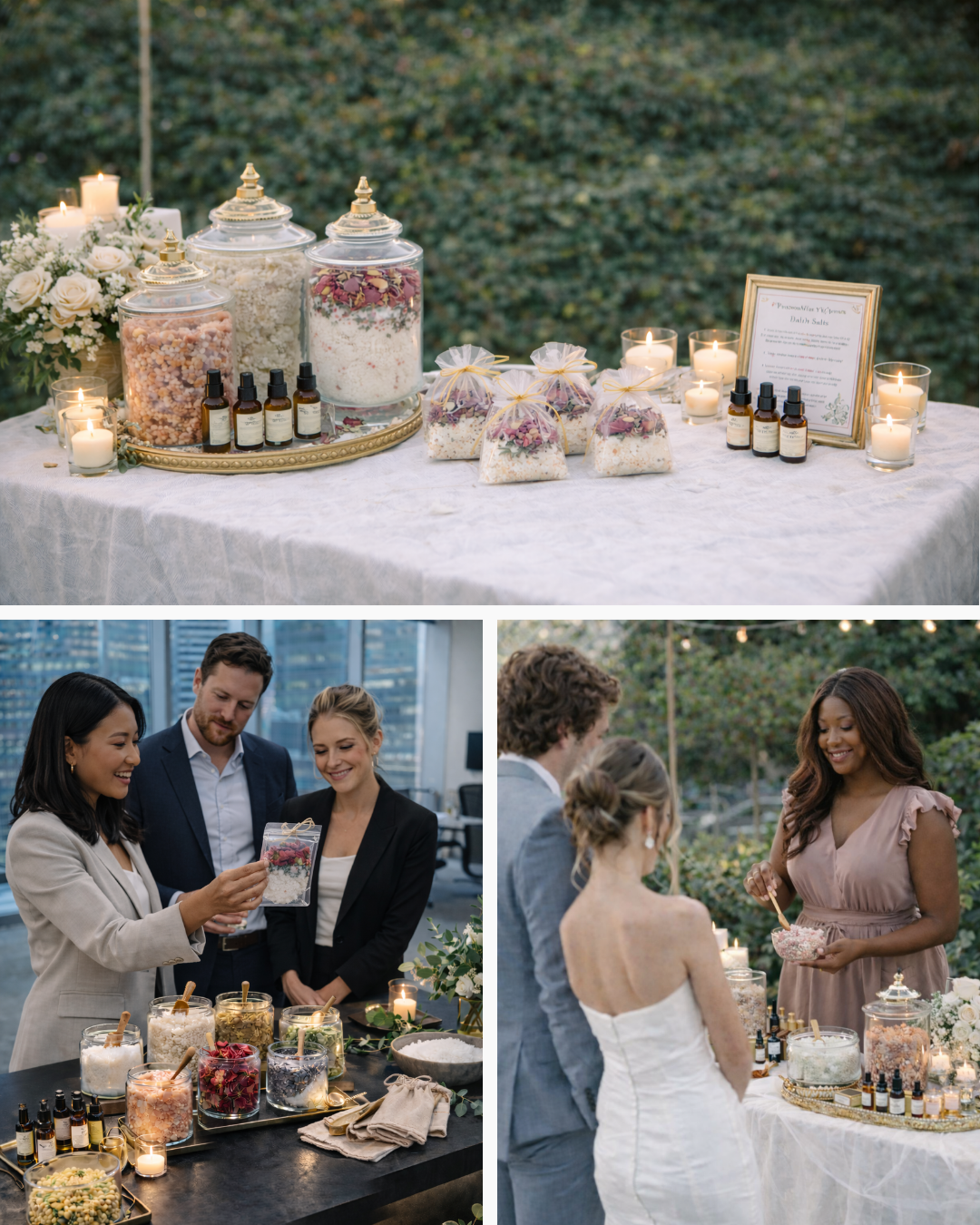 Decorative table setup of a Live bath Soak Station with jars, candles, and small bags at an outdoor wedding.