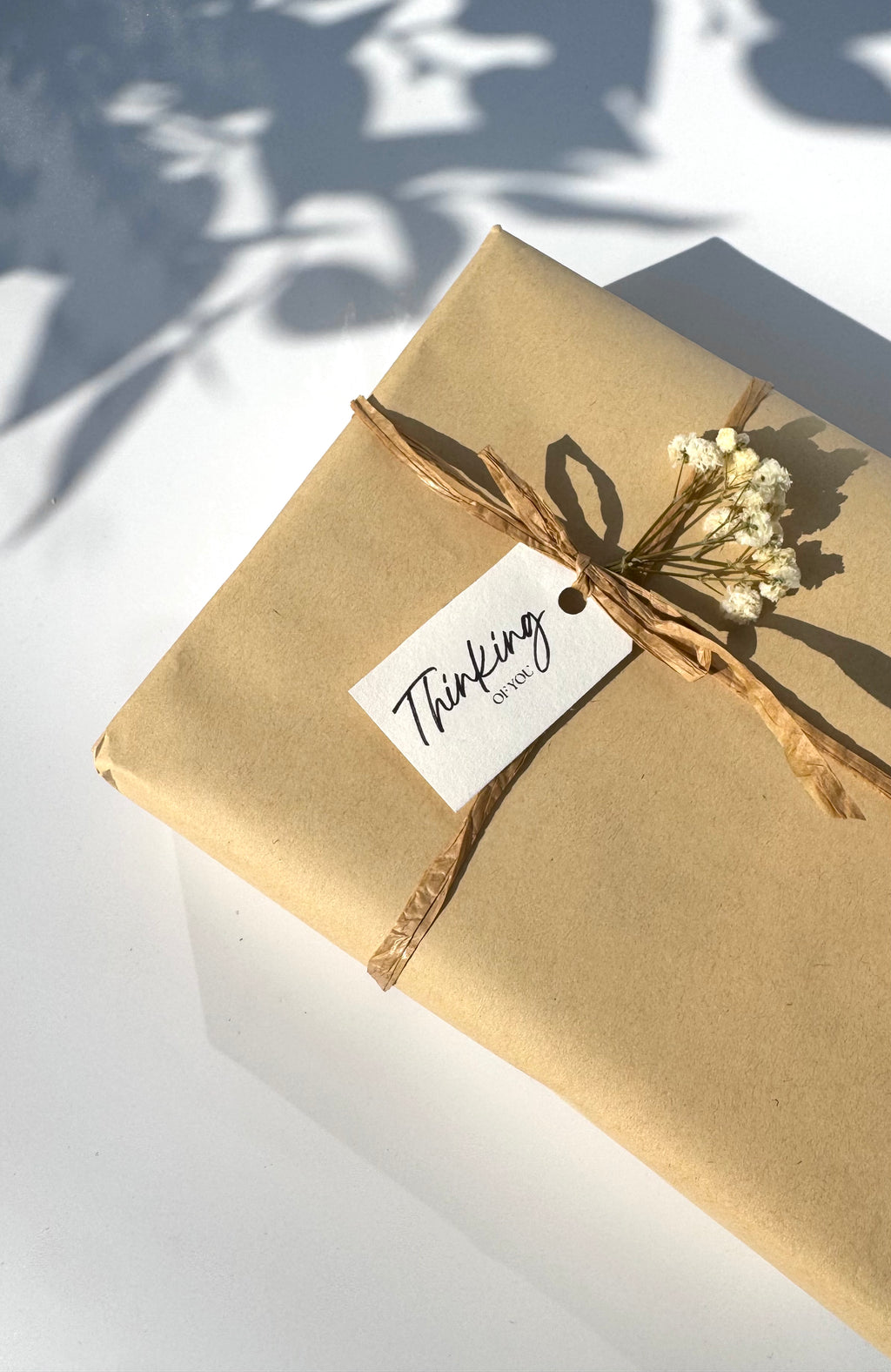 Gift box wrapped in brown paper with a 'Thinking of you' tag on a white surface.