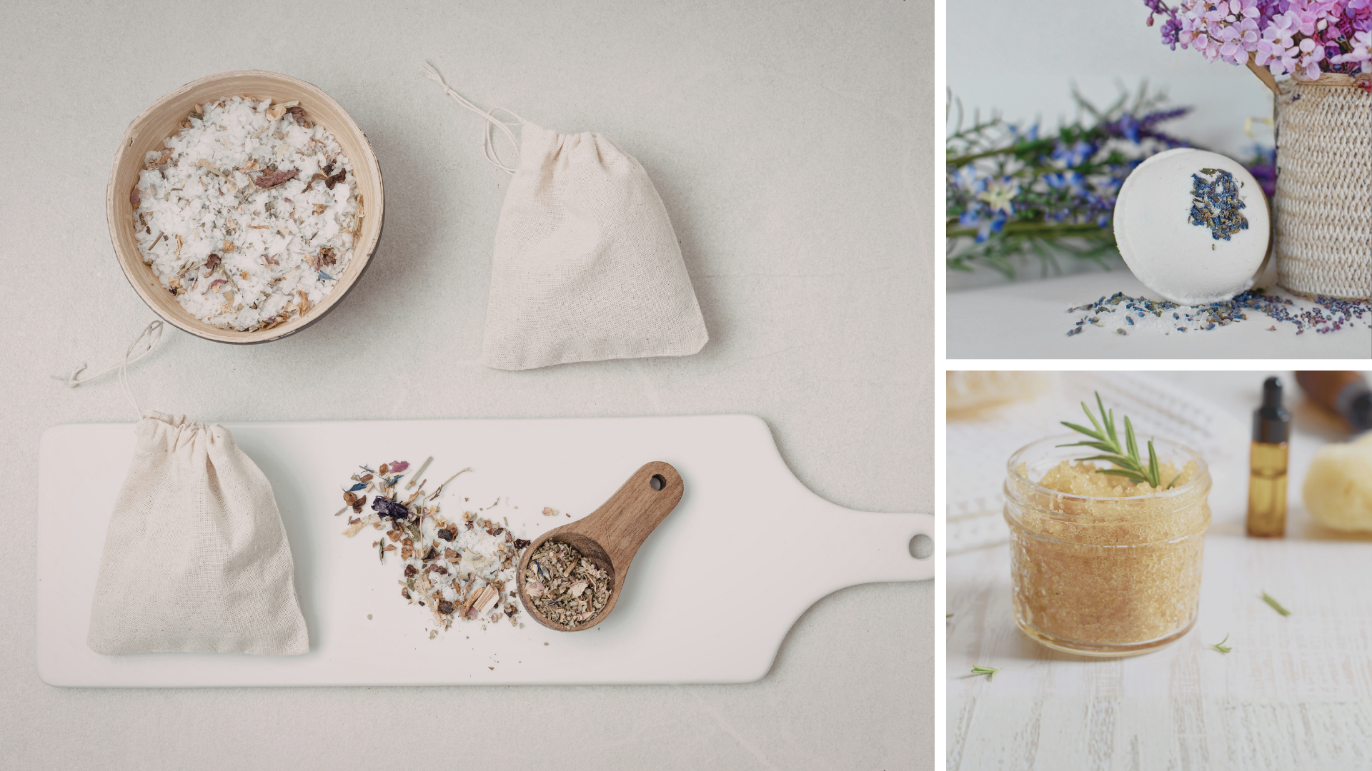 Collage of natural products including a bowl, bags, and a wooden scoop on a light background.