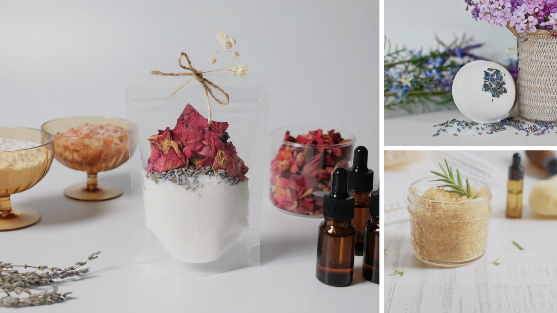 Collage of decorative items including flowers, bottles, bath soak pouch, essential oils and containers on a light background