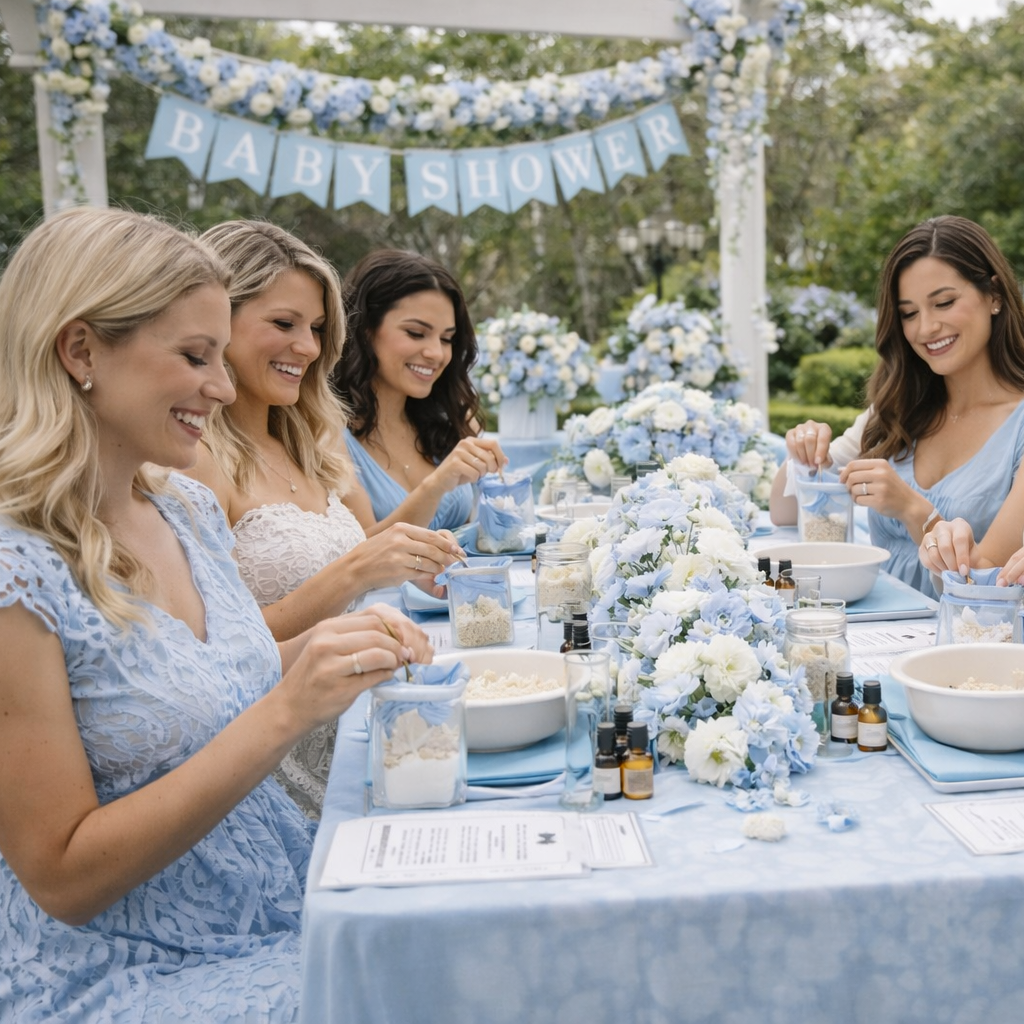 Group of women at a baby shower with a decorated table and 'Baby Shower' banner making some bath soak during a workshop