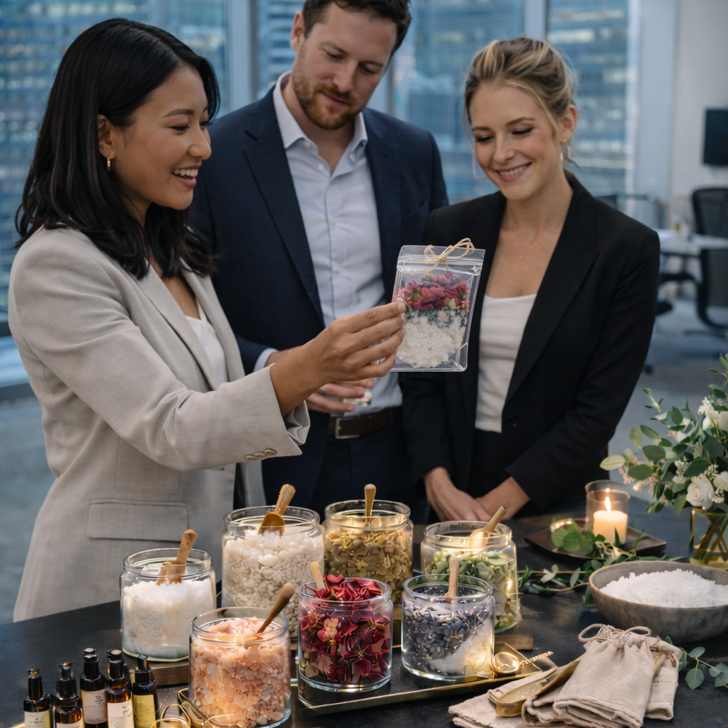 Three people in a modern office setting around a live bath soak station with natural ingredients and essential oils 
