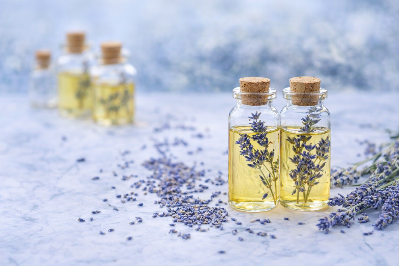 Three small glass bottles with cork lids containing essential oil  liquid, surrounded by lavender flowers on a light blue background.
