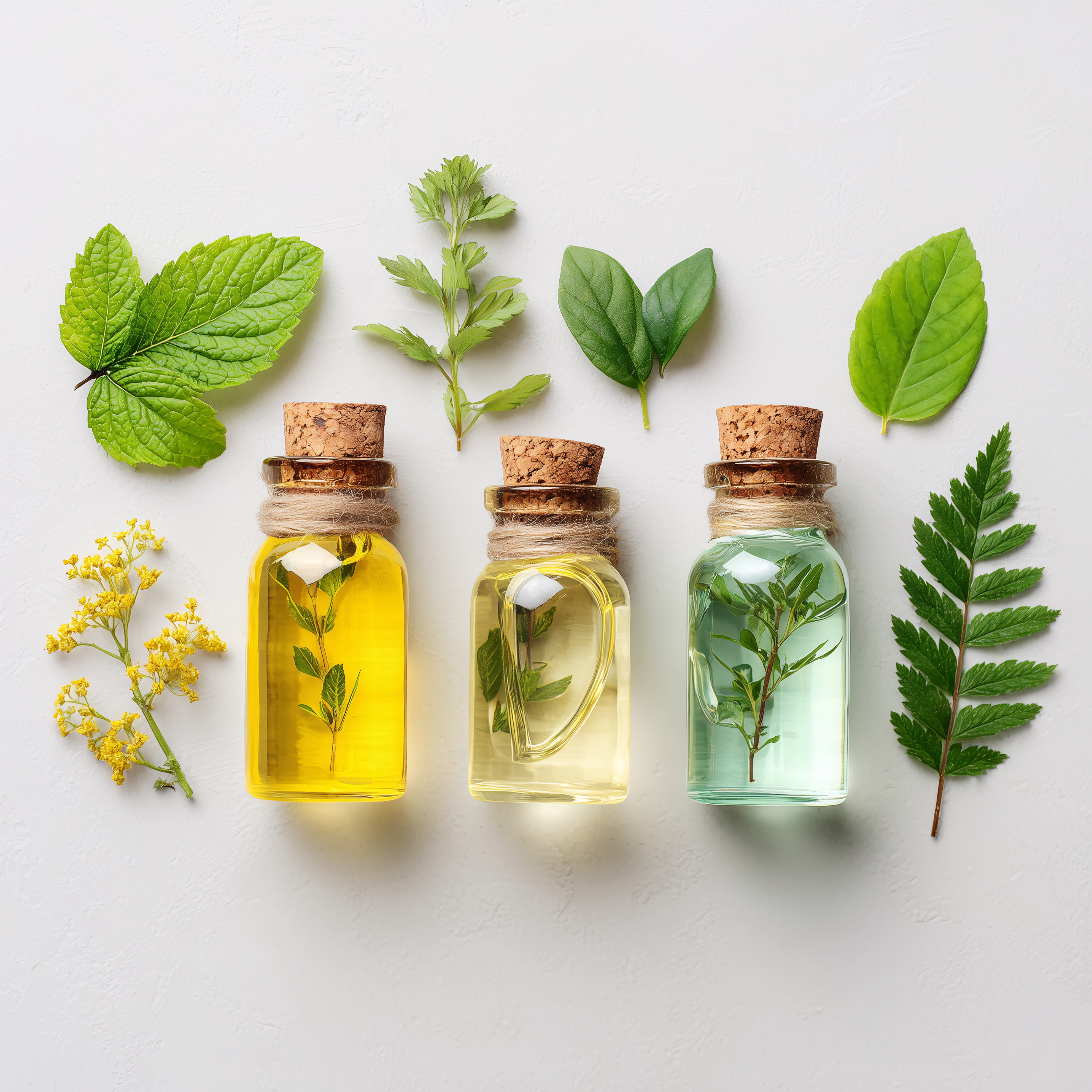 Three small glass bottles with cork lids containing liquid and herbs, surrounded by green leaves and flowers on a light background.