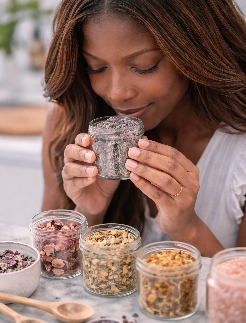 Woman examining a jar of dried herbs on a table with various jars and bowls containing different ingredients.