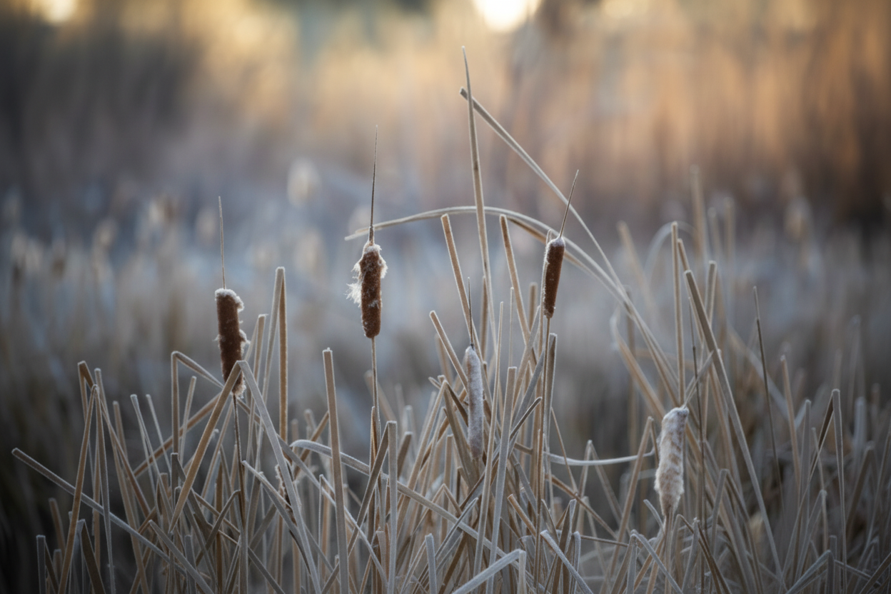 Peaceful winter scene with soft morning light, evoking slow living