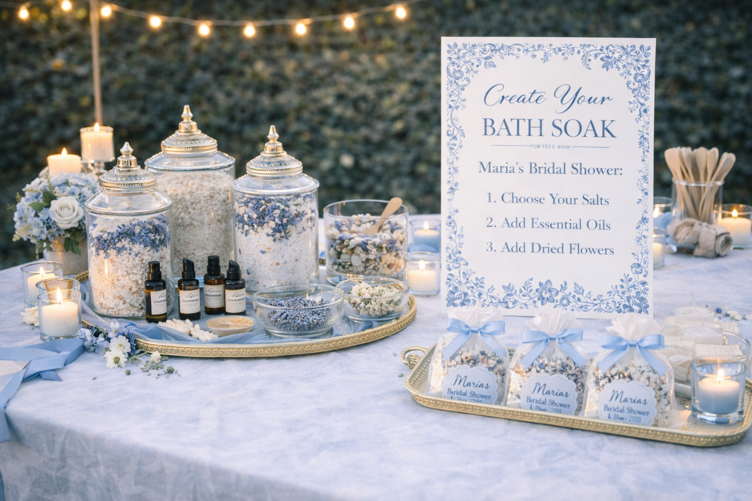 Bath soak station with jars, bottles, and a sign for a bridal shower theme.