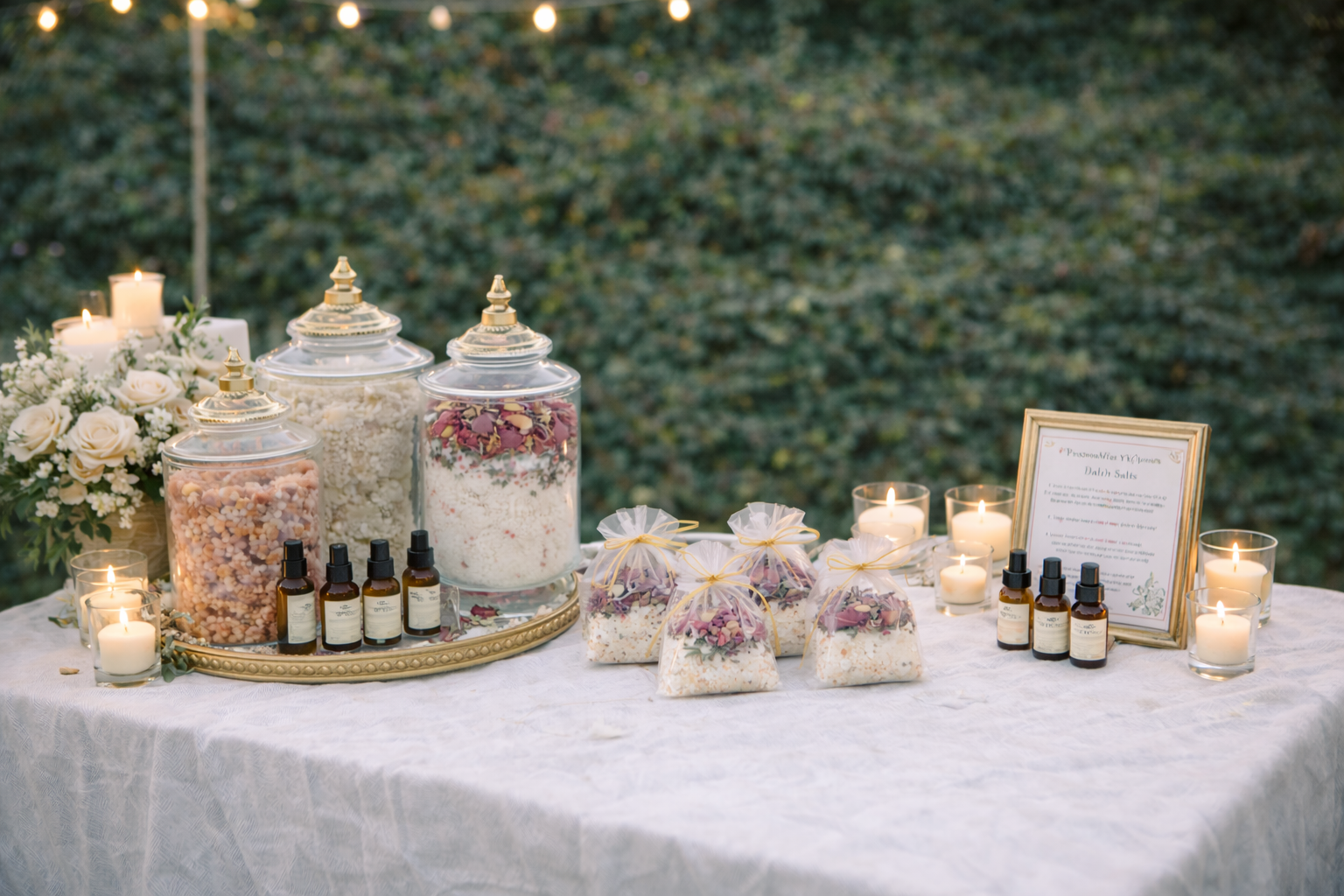 Table with decorative jars of bath salt, soak with natural ingredients, Epsom slat, Himalayan salt and essential oils for weddings and events, candles, and a framed sign against a blurred green background