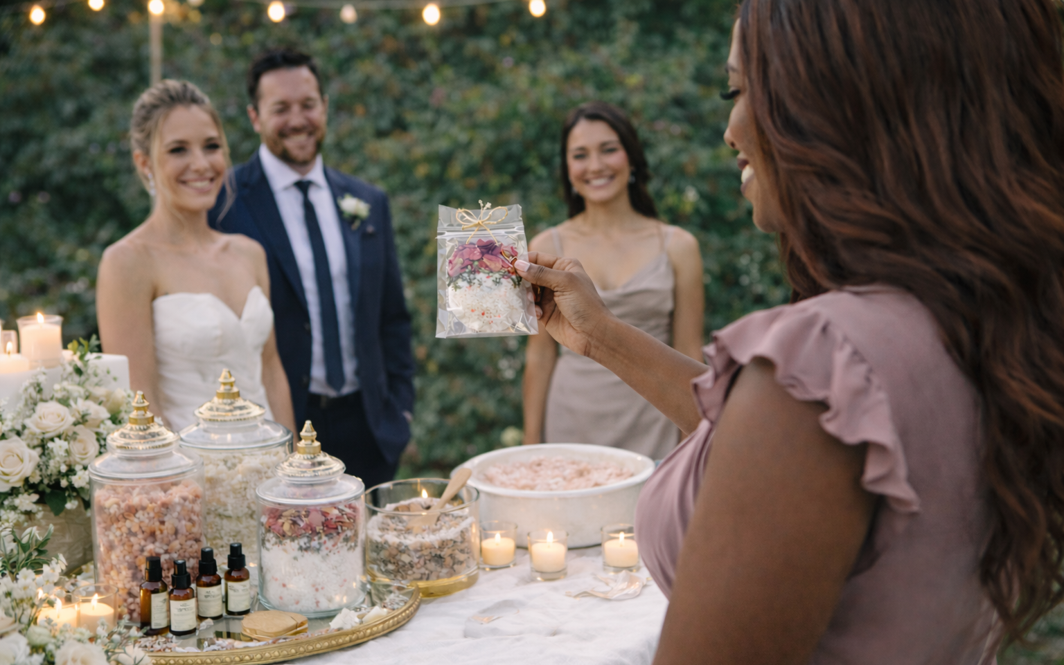 Table with decorative jars of bath salt, soak with natural ingredients, Epsom slat, Himalayan salt and essential oils for weddings and events, candles, and a framed sign against a blurred green background