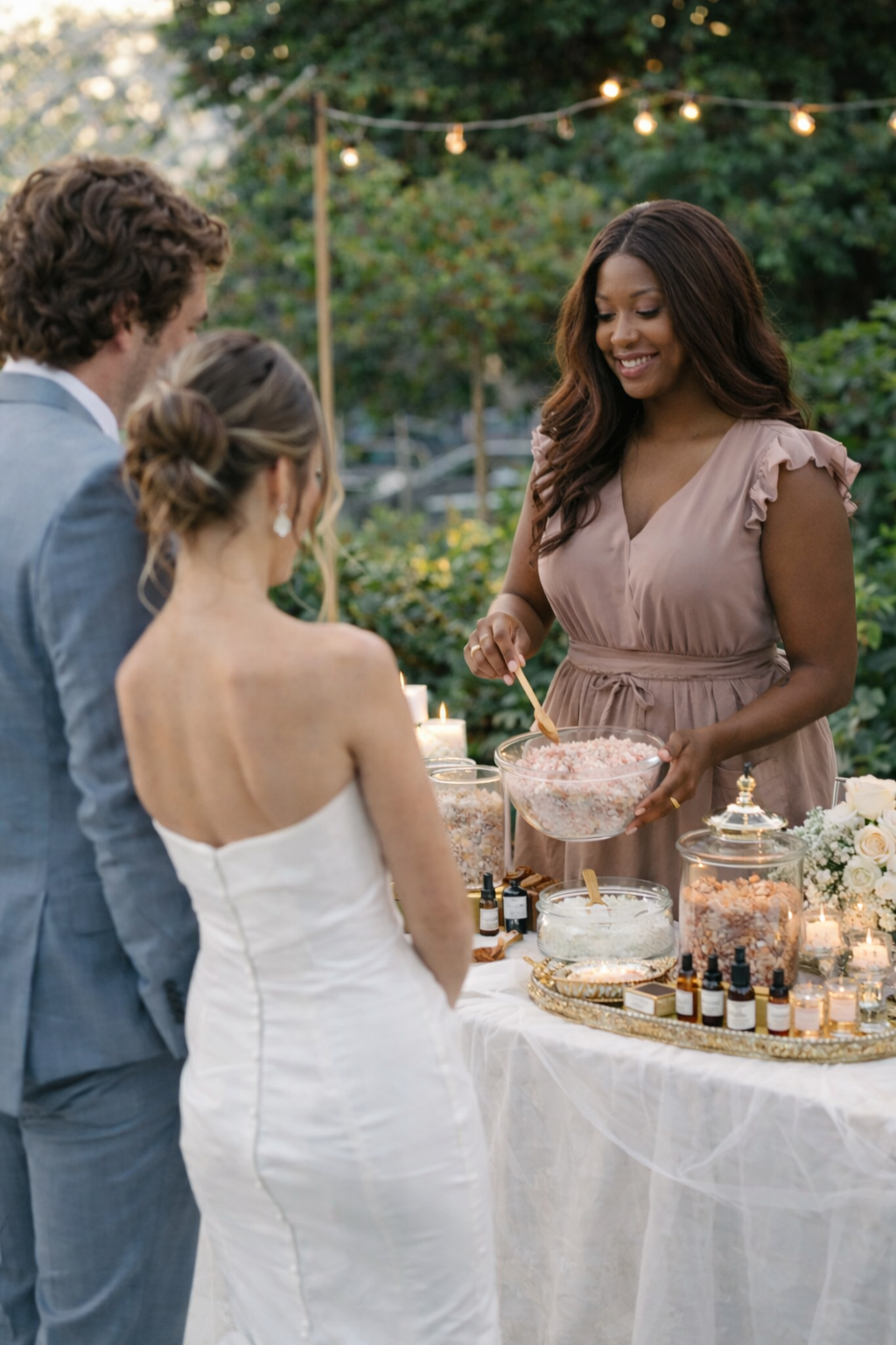 Table with decorative jars of bath salt, soak with natural ingredients, Epsom slat, Himalayan salt and essential oils for weddings and events, candles, and a framed sign against a blurred green background
