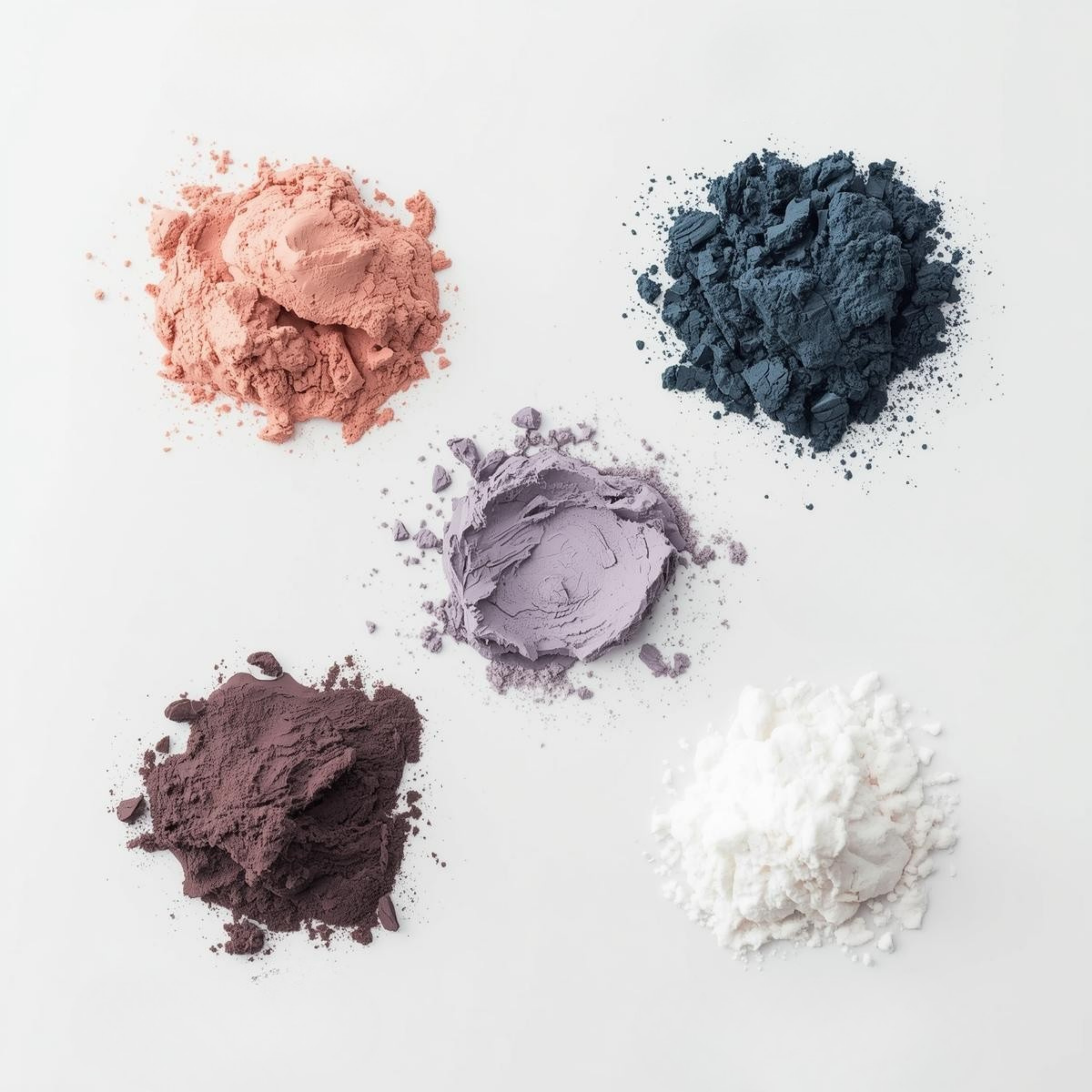 Five different colored powders on a light gray background for natural soaps and bath saoks