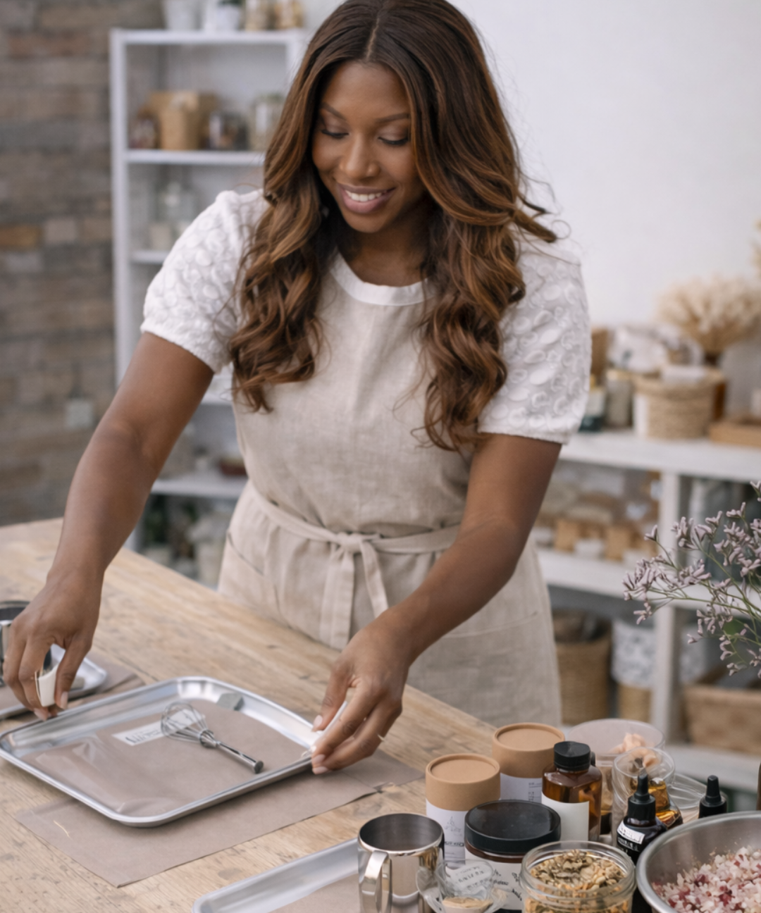Woman preparing bath soak workshop in Dubai with various ingredients and utensils on the table.