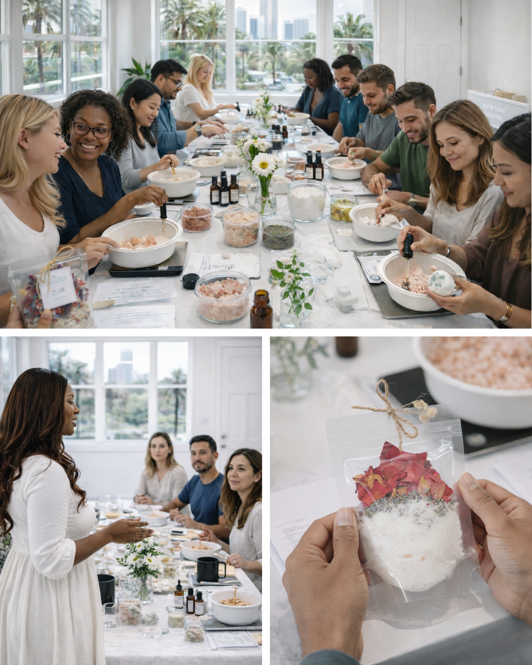 People enjoying a sensory workshop together at a long table with various essential oils, dried botanicals to make bath soak, salts and bath bombs