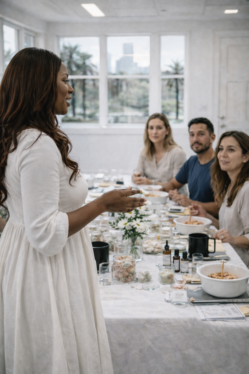 Woman in a white dress speaking to a group of people around bath soak workshop table