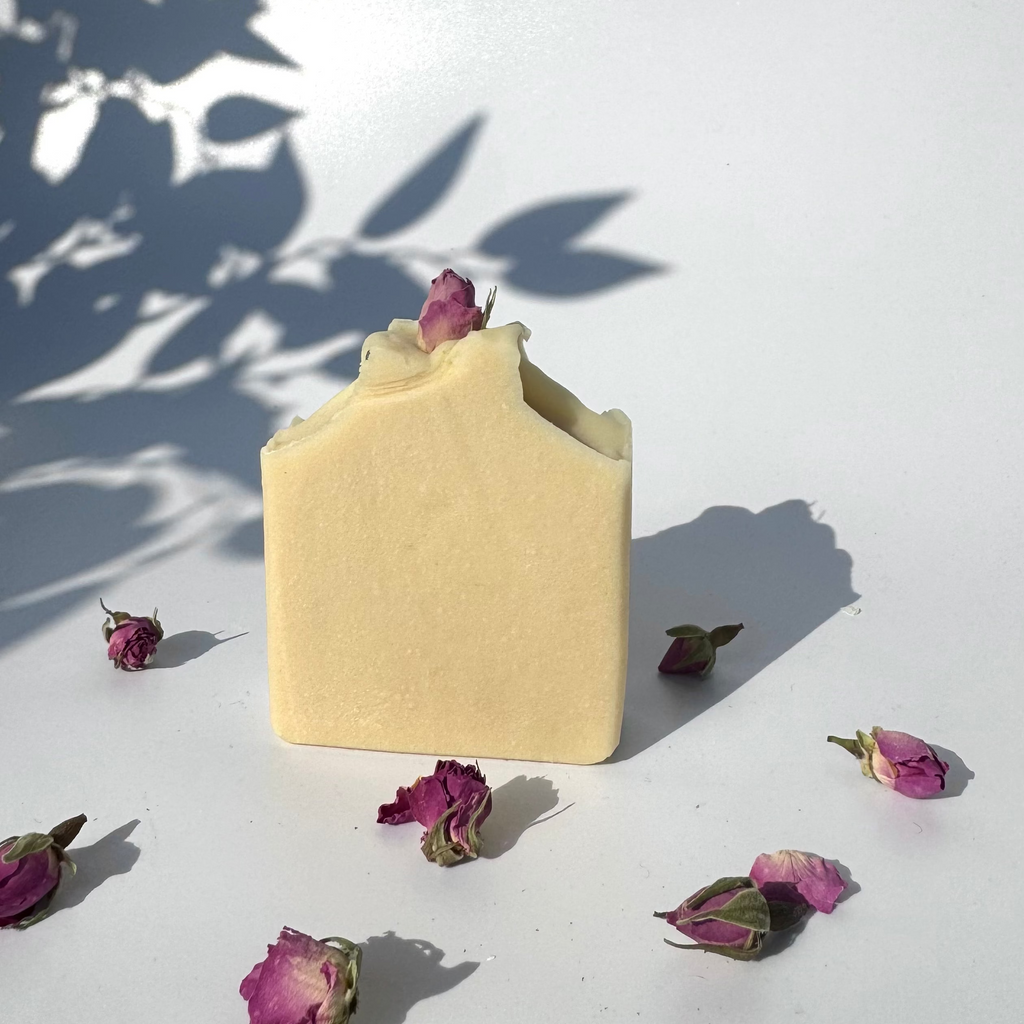 White beige cream coconut milk natural soap bar with dried pink roses on a white surface with shadow leaves
