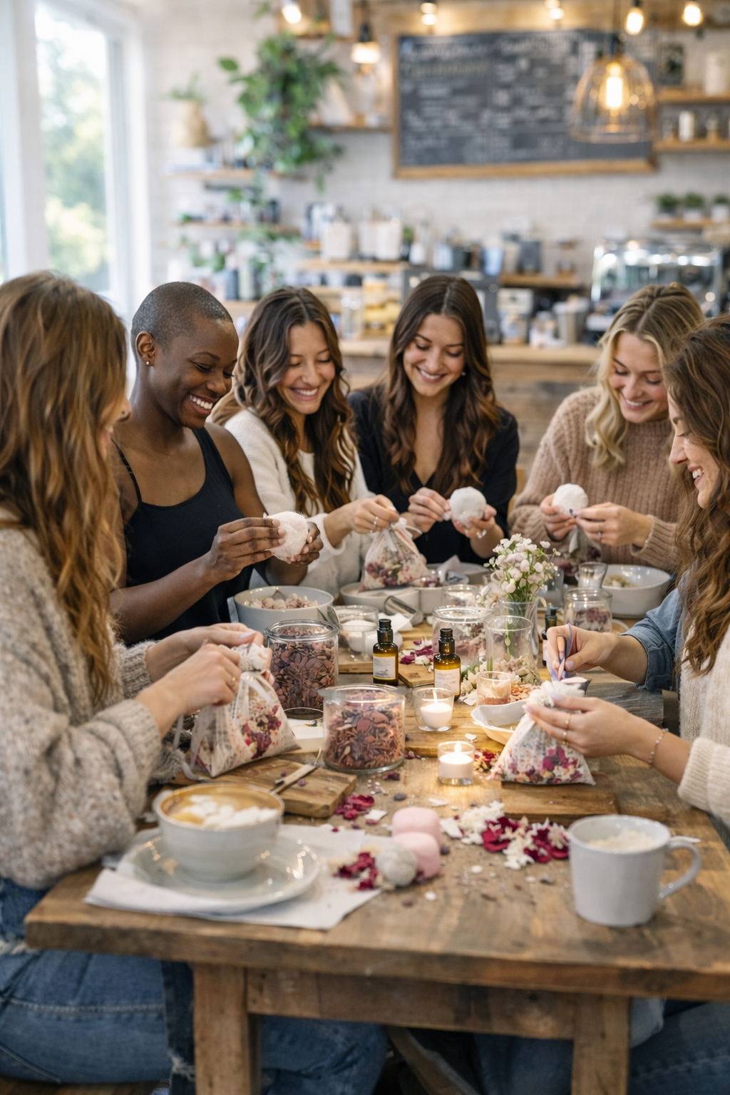 Promotional poster for a bath soak and bath bombs workshop with hands holding bath bombs and various bath products on a light background.